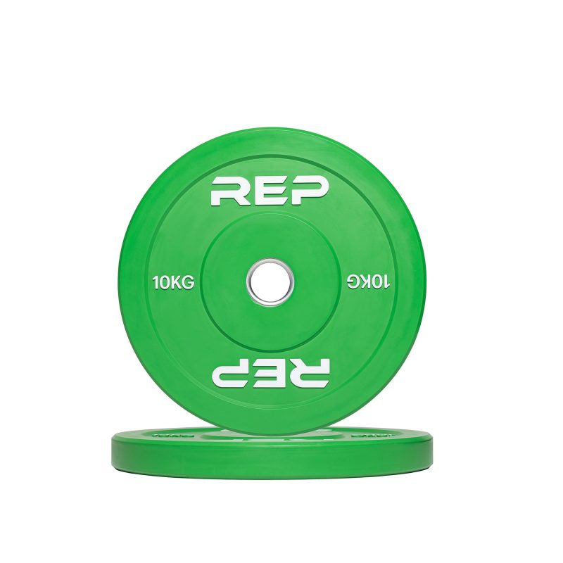 Pair of REP green 10kg colored bumper plates.