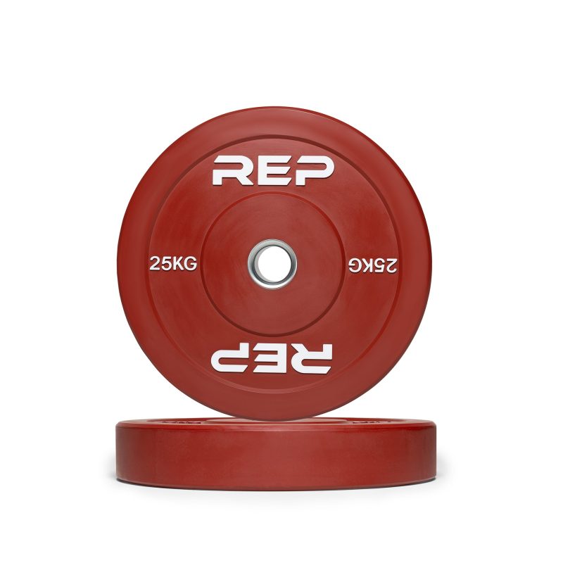 Pair of REP red 25kg colored bumper plates.