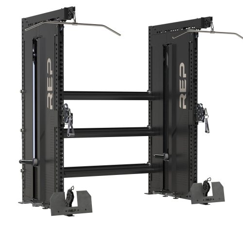 Dual Adonis™ Cable Towers connected by 3 72" modular storage shelves.