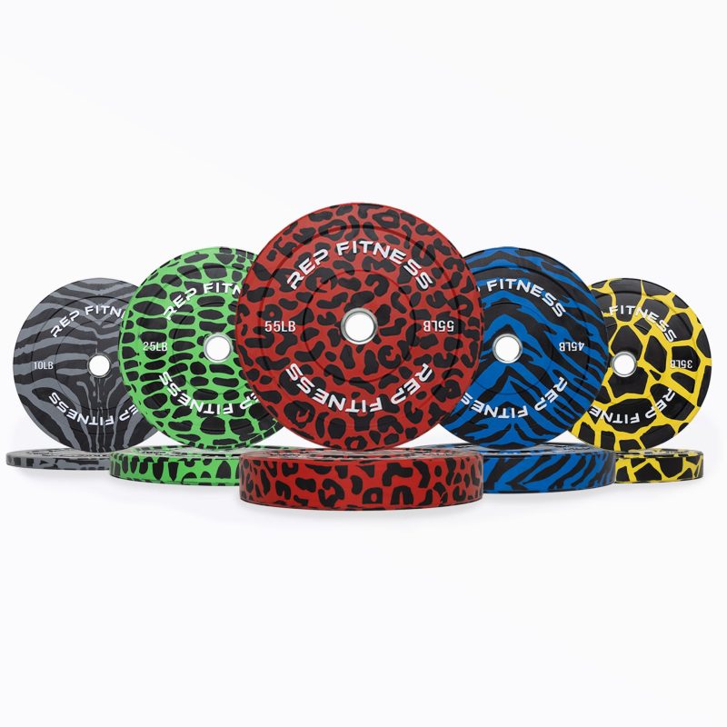 Full set of Animal Print Bumper Plate Pairs: 10, 25, 35, 45, and 55lb pairs.