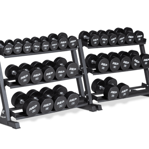 5-75lb Urethane Dumbbell Set stored on two REP Dumbbell Racks.