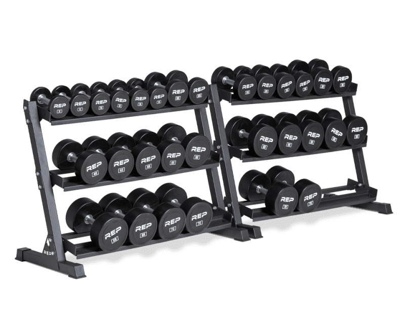 5-75lb Urethane Dumbbell Set stored on two REP Dumbbell Racks.