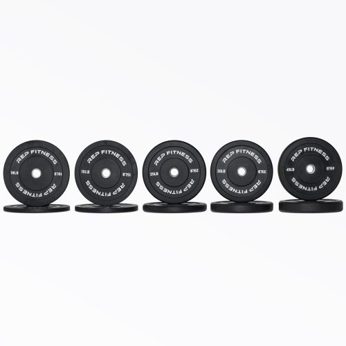 Full set of Black Bumper Plate Pairs: 10, 15, 25, 35, and 45lb pairs.