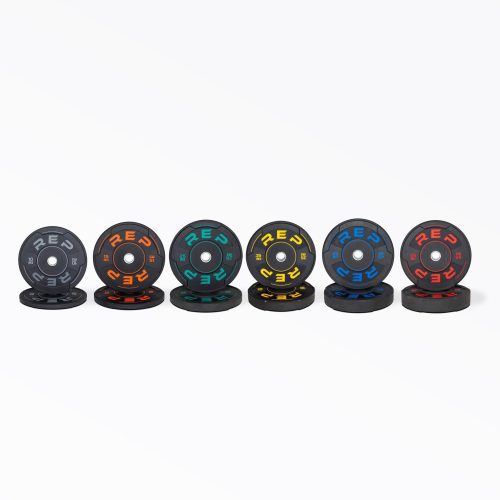 Full set of Sport Bumper Plate Pairs: 10, 15, 25, 35, 45, and 55lb pairs.