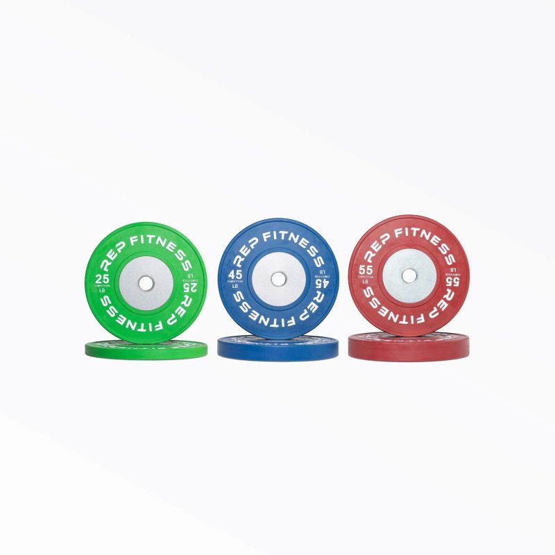 Set of Competition Bumper Plate (LB) Pairs: green 25, blue 45, and red 55lb pairs.