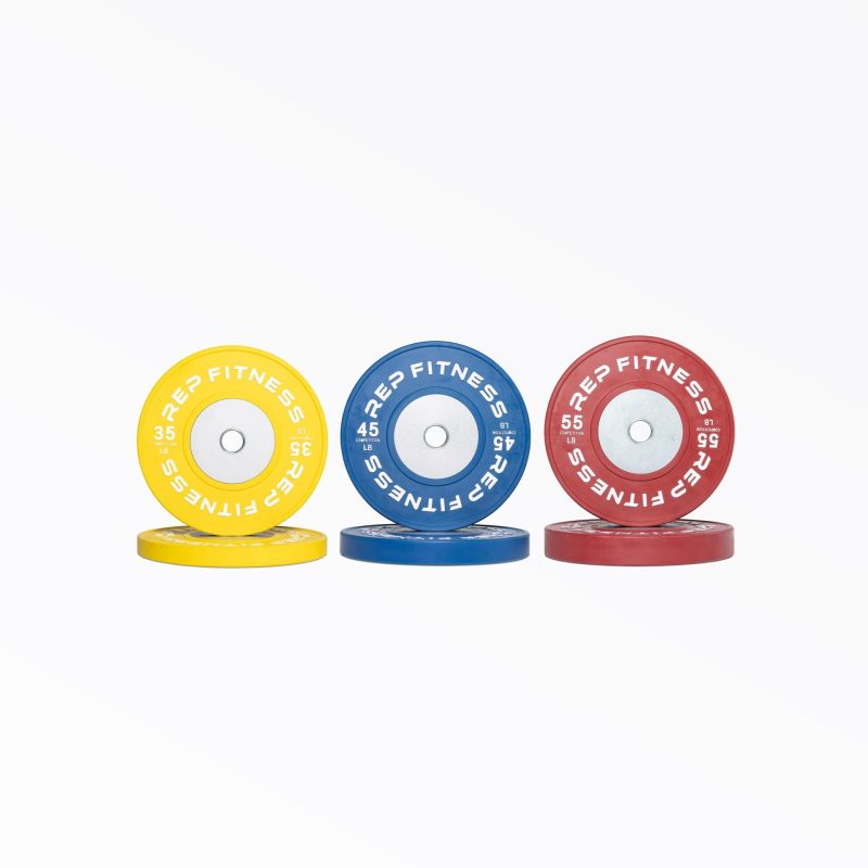 Set of Competition Bumper Plate (LB) Pairs: yellow 35, blue 45, and red 55lb pairs.