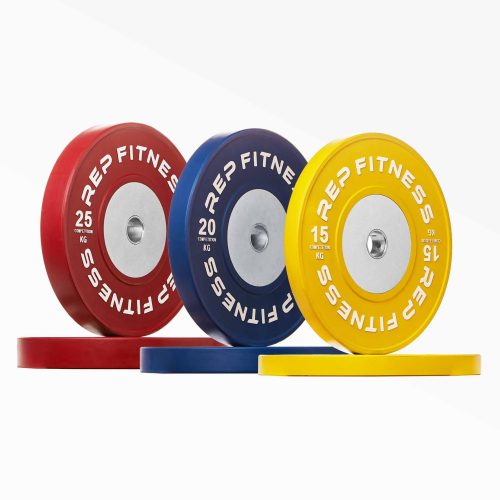 Set of Competition Bumper Plate (KG) Pairs: red 25, blue 20, and yellow 15kg pairs.