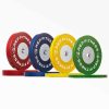 Full set of Competition Bumper Plate (KG) Pairs: red 25, blue 20, yellow 15, and green 10kg pairs.