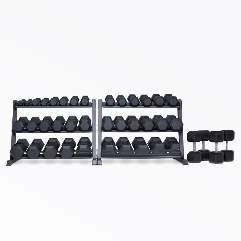 5-100lb Hex Dumbbell Set stored on two REP Dumbbell Racks with the 95 and 100lb pairs being stored on the ground next to the racks.