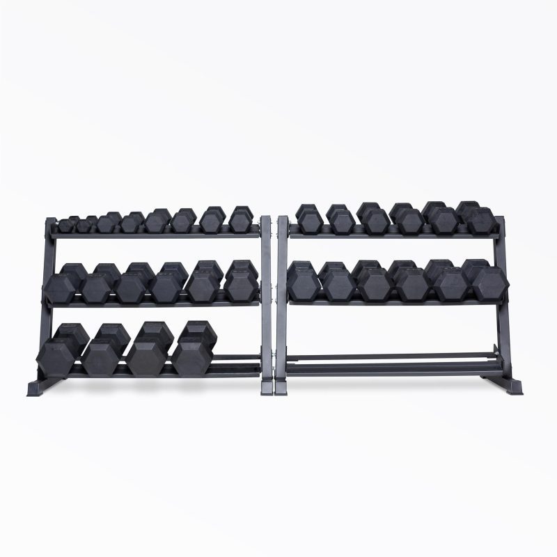 5-75lb Hex Dumbbell Set stored on two REP Dumbbell Racks.