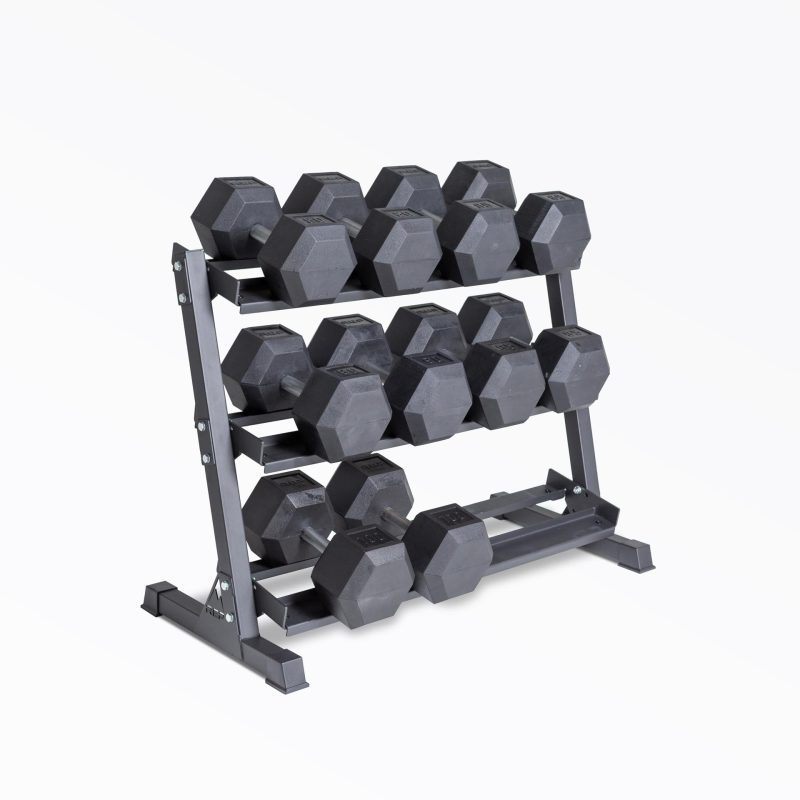 80-100lb Hex Dumbbell Set stored on a REP Dumbbell Rack.