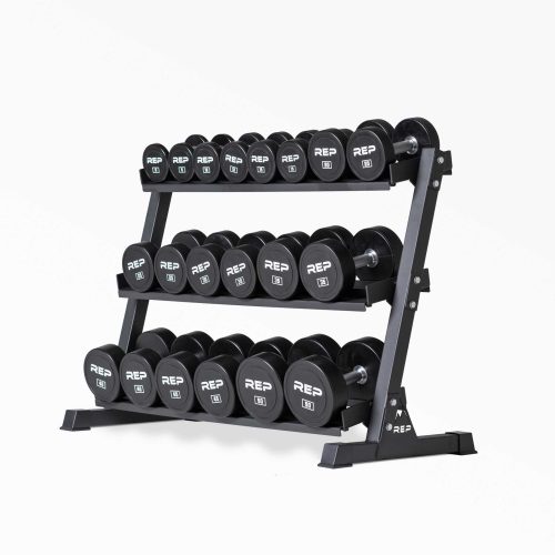 5-50lb Urethane Dumbbell Set stored on a REP Dumbbell Rack.