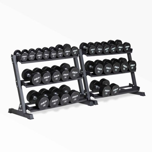 5-75lb Urethane Dumbbell Set stored on two REP Dumbbell Racks.