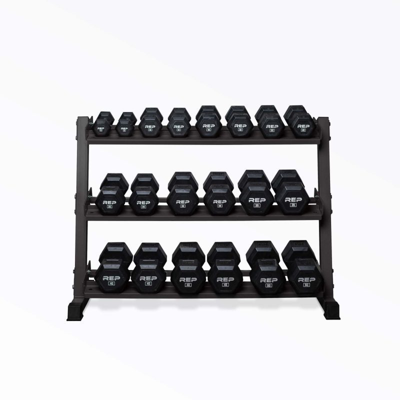 5-50lb Rubber Coated Hex Dumbbell Set stored on a REP Dumbbell Rack.