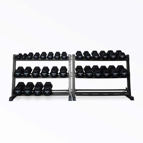 5-75lb Rubber Coated Hex Dumbbell Set stored on two REP Dumbbell Racks.